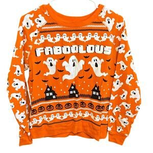 Halloween Ghost Sweatshirt Juniors Large Orange FABOOLOUS Graphic Sweater
